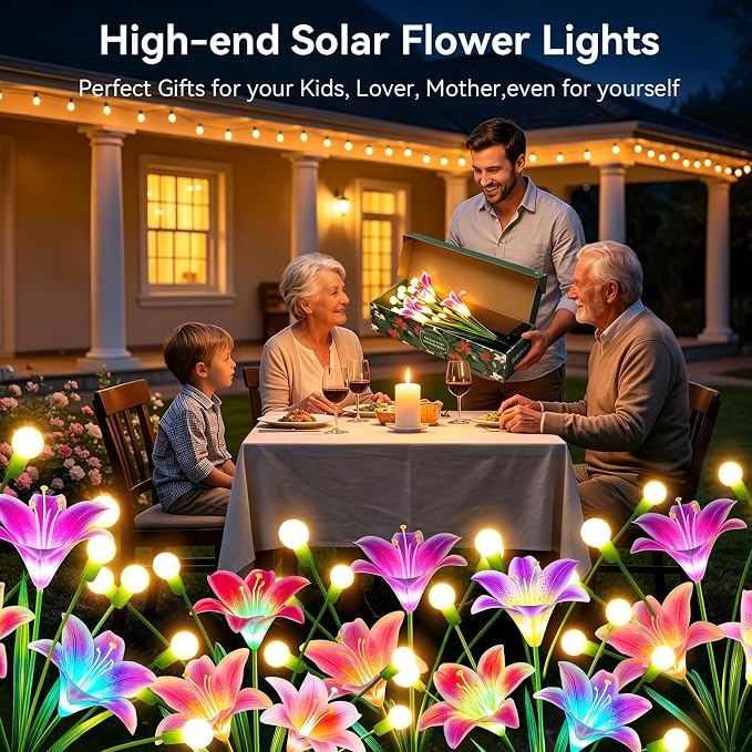 Solar Garden Lights Outdoor: 4 Pack 2-in-1 Color Changing Solar Lily Flower Lights with Firefly Swaying Light, Waterproof Garden Decor for Yard Patio Flowerbed Lawn, Gardening Gifts for Women