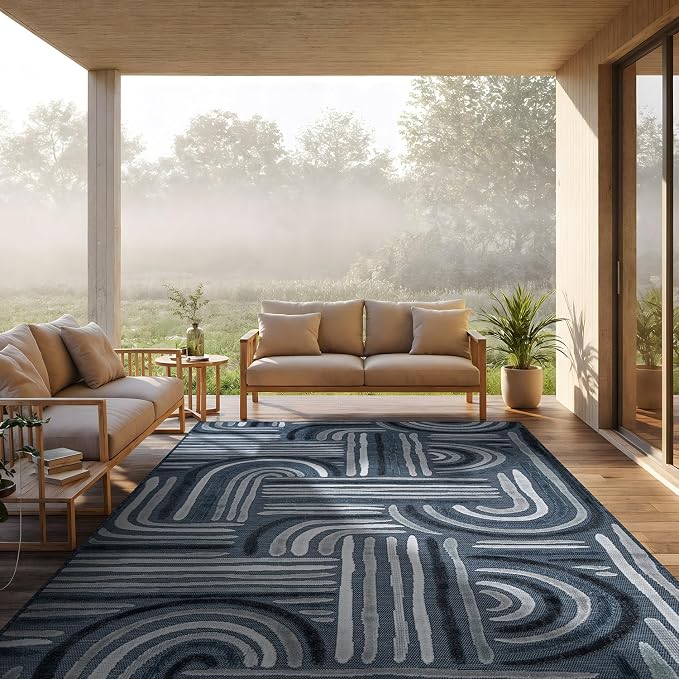 CAMILSON Indoor Outdoor Rug, Navy Blue 9x12 Geometric Arch Striped Large Area Rugs for Patio and Home Areas, Easy-Cleaning Non-Shedding Living Room, Garden and Deck Washable Outside Carpet (9 x 12)