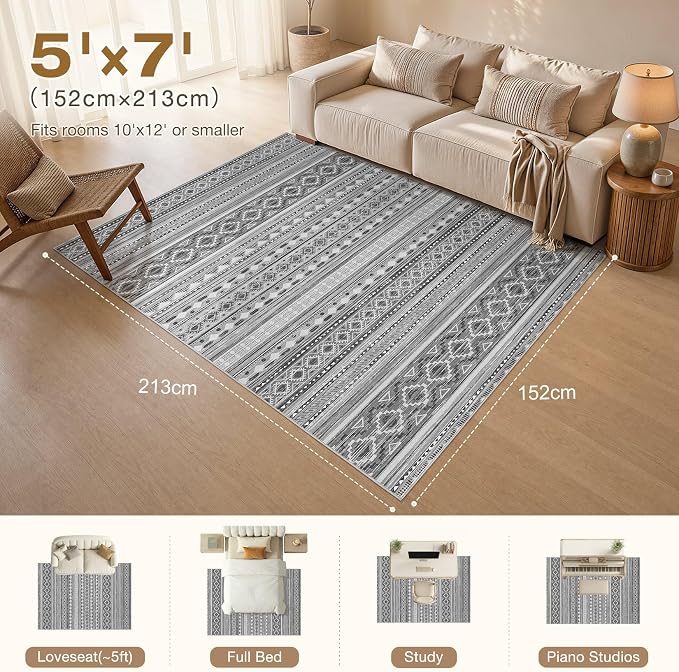 cotiled Boho 5x7 Area Rugs for Living Room: Soft Moroccan Washable Rug | Solve Modern Neutral Trendy Home Decor - Stain Resistan Carpet for Bedroom Beige Grey