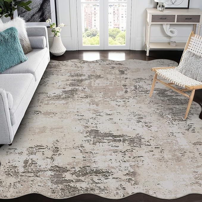 ROYHOME Modern Abstract Scalloped Area Rug 10x13 Non Slip Rug, Brown Grey | Non Shedding Rug Low Pile Stain Resistant for Bedroom Living Room