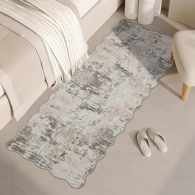 ROYHOME Modern Abstract 2x6 Scalloped Runner Rug Washable Rug, Brown Grey | Non Slip Stain Resistant Rug for Hallway Kitchen Bedroom Non Shedding Low Pile Indoor Floor Cover