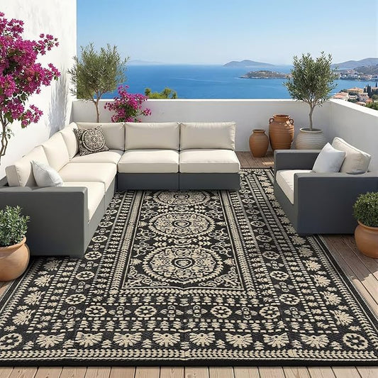 Garvee Reversible Outdoor Rug 6x9 for Patio, Waterproof Outdoor Area Rug, Modern Medallion Indoor Outdoor Rugs, Plastic Straw Rug for RV, Camping, Deck, Vintage Brown
