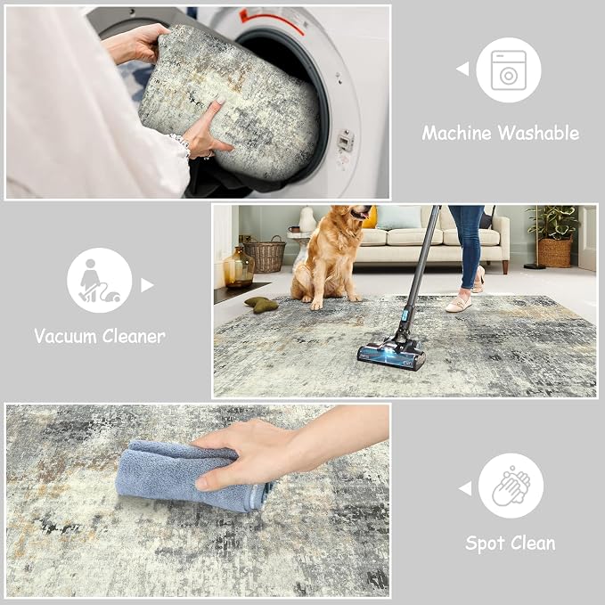 Lahome Modern Abstract Round Rug - 5Ft Grey Living Room Rugs Washable 5x5 Circle Rugs Indoor Dining Table Mat, Soft Non Slip Low Pile Office Carpet for Bedroom Playroom Kitchen Coffee Table