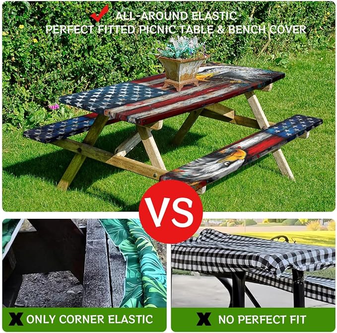 American Flag Picnic Table Cover with Bench Covers and Carrying Bag, Wood Grain USA Flag Art Eagle Outdoor Camping Essentials 6FT 4PCS Fitted Rectangle RV Must Haves Tablecloth