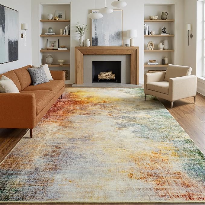 8'x10' Abstract Gradient Washable Area Rug, Non-Slip Stain Resistant | Low Pile Rug, Modern Aesthetic Carpet for Living Room, Bedroom, Office, Mid-Century Modern Farmhouse Home Decor, Colorful