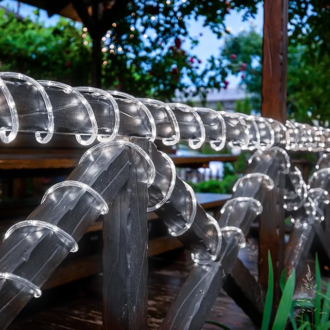Solar Rope Lights, 2 Pack Total 66ft 200LED Solar String Lights, 8 Modes Waterproof Solar Outdoor Light, Flexible Clear Trampoline Light for Garden Yard Patio Deck Porch Pool Tree Decor - White