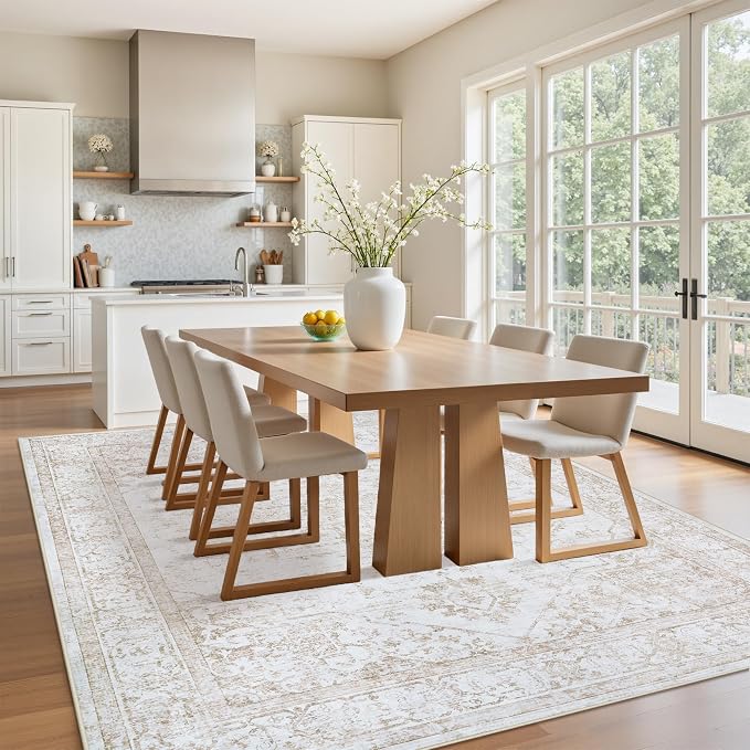Area Rug 6x9 Living Room Rug Washable Beige Non-Slip Rugs | Vintage Medallion Rug，Soft Low Pile Large Rugs，Indoor Retro Carpet for Bedroom Nursery Dining Table Farmhouse Home Office