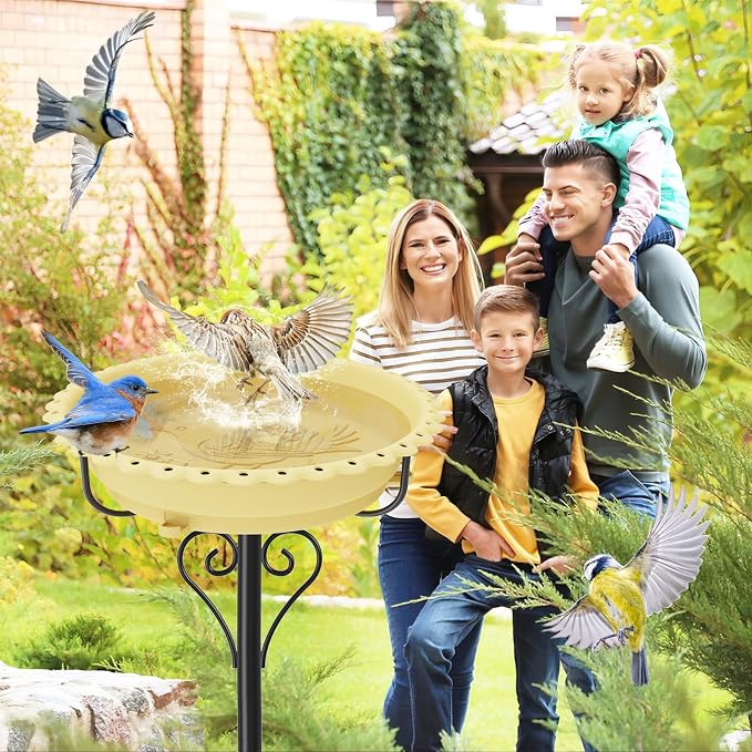 40In Bird Bath for Outside,Freestanding Birdbath & Birdfeeder with Metal Stake,Vintage Birdbaths Water Bowl with 5 Prongs Base for Outdoor Garden Yard Decor (Beige)