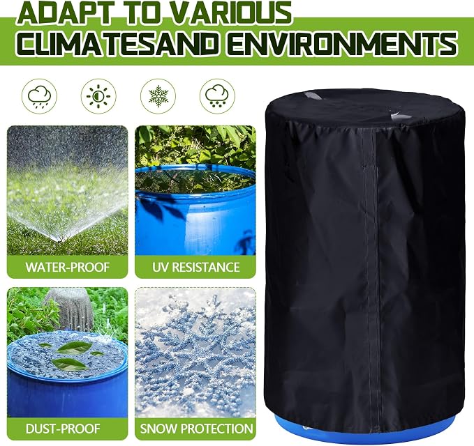 2 Piece 55 Gallon Drum Cover 24 x 36 Inch 55 Gallon Water Barrel Covers Outdoor Waterproof Rain Snow Water Storage Bucket Lid Protective Hook/loop Closure Anti Dust (Black)