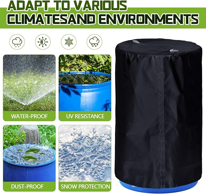 1 Piece 55 Gallon Drum Cover 24 x 36 Inch 55 Gallon Water Barrel Covers Outdoor Waterproof Rain Snow Water Storage Bucket Lid Protective Hook/loop Closure Anti Dust (Black)