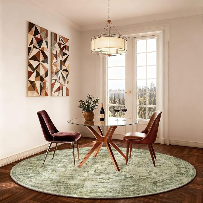 4ft Washable Round Rugs for Bedroom: Circle Living Room Rug Boho Vintage Non Slip Low Pile Soft Faux Wool Non Shedding Small Carpet Rug for Kitchen Entryway Bathroom Bedside Home Office Dorm Kids Room