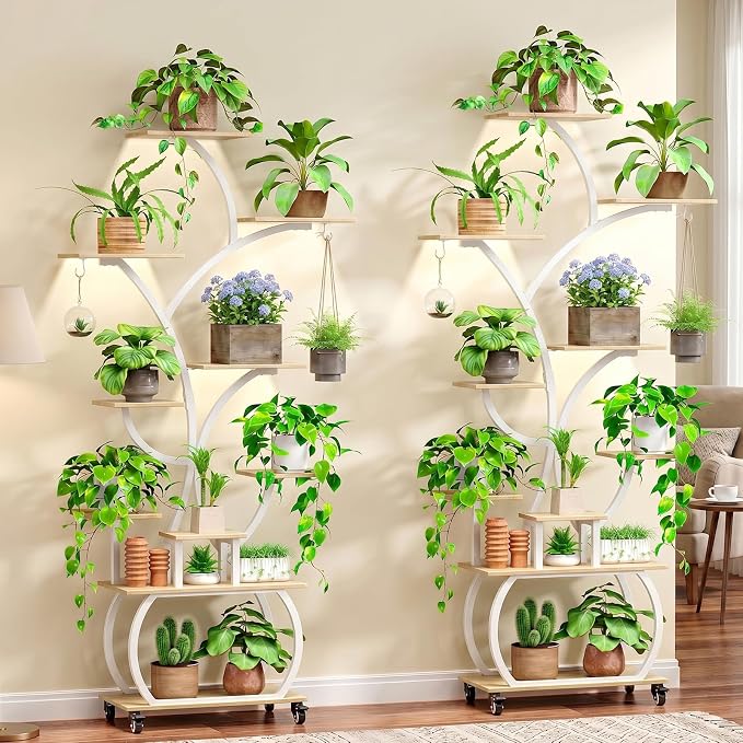 Plant Stand with Grow Lights 2-Pack, 61" Tall Indoor Plant Shelf with Multi-Color Full Spectrum LED Grow Lights and 360° Lockable Wheels, 10-Tier Tree-Shaped Decorative Plant Rack Set of 2, for Living Room, Balcony & Office, White and Oak