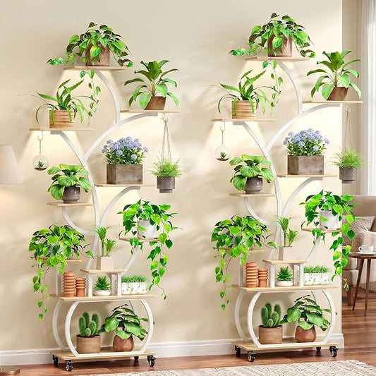 Plant Stand with Grow Lights 2-Pack, 61" Tall Indoor Plant Shelf with Multi-Color Full Spectrum LED Grow Lights and 360° Lockable Wheels, 10-Tier Tree-Shaped Decorative Plant Rack Set of 2, for Living Room, Balcony & Office, White and Oak
