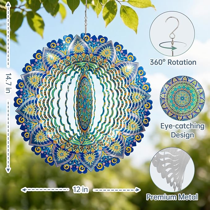 Mandala Wind Spinners Outdoor for Mother's Day, IDEA SHOW Stainless Steel Wind Spinners Outside, 3D Kinetic Hanging Sculpture, Rustproof Metal Garden Decor Ornaments for Yard Art, Women, Men, Holidays