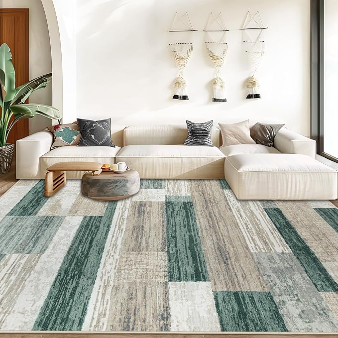 Area Rug for Living Room 9x12: Large Washable Boho Moroccan Rugs Geometric Neutral Rug, Non-Slip Foldable Morden Farmhouse Indoor Floor Carpet for Bedroom Dining Table Home (Green,9'x12')
