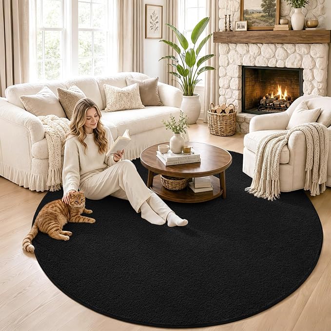 Keeko Round Area Rug 4ft for Living Room Bedroom,Soft Washable Circle Rug | Modern Indoor Memory Foam Rugs Low Pile Non Slip Carpet for Kids Dorm Room Entryway Kitchen Home Decor Black
