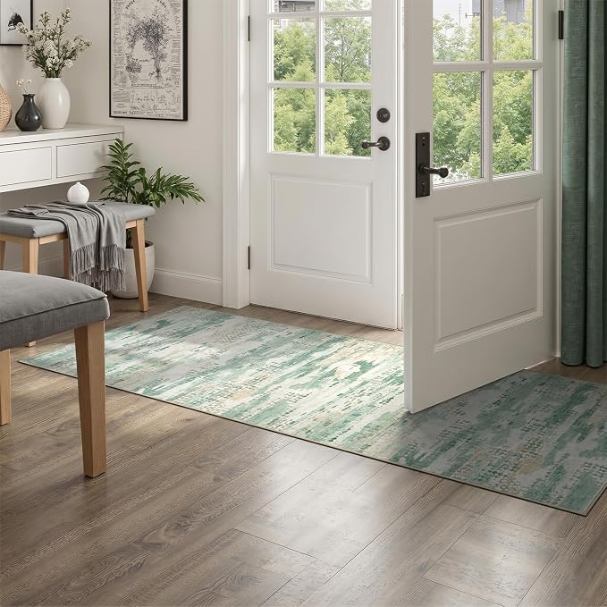 DCX Washable Abstract Area Rug 2x8, Non Slip Low Pile Rug, Sage Green | Easy to clean, non-shedding, soft, kid & pet friendly, with a non-slip rubber backing for living rooms, bedrooms, and offices