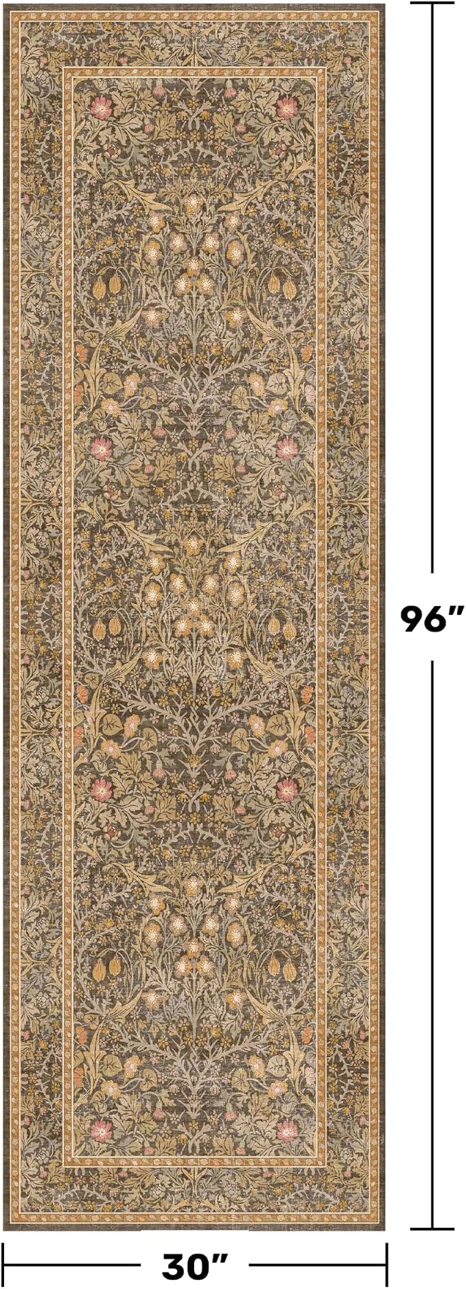 Brown 2'6" x 8' Runners for Hallways Non Slip, Extra Long Floor Runner for Kitchen, Entryway Indoor, Washable Rubber Backing Stain Resistant - Soft Boho Vintage Gold Brown Floral Décor