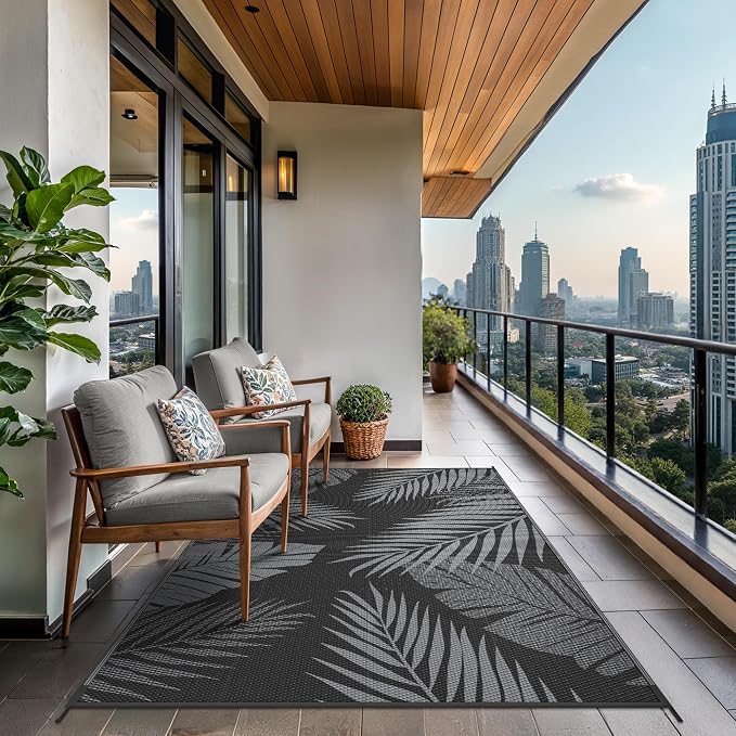 GENIMO Outdoor Rug 5' x 8' Waterproof for Patio Clearance, Reversible Plastic Straw Camping Carpet, Lightweight Mat for Rv, Camper, Deck, Porch, Picnic, Balcony, Beach, N.Black & Grey