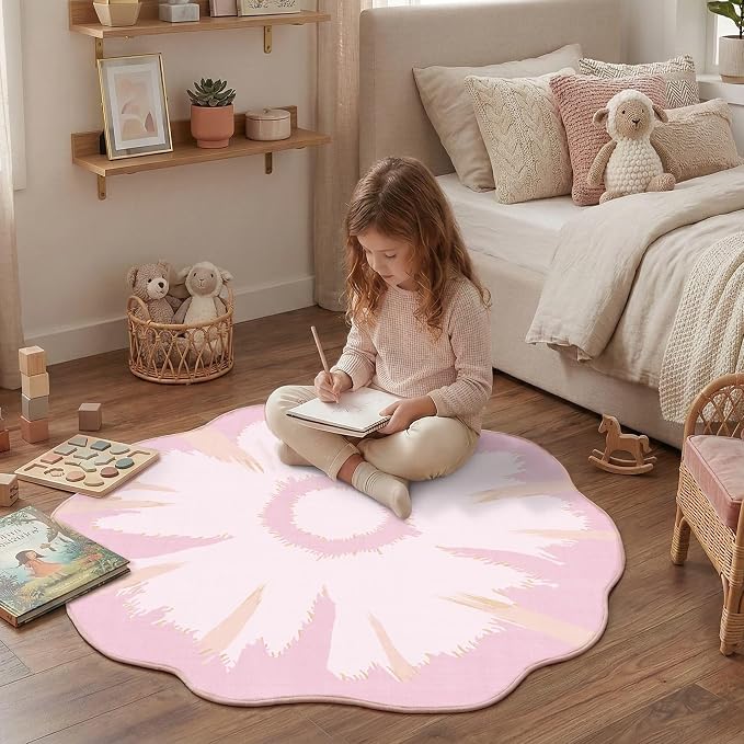 Latte&Fog 4ft Pink Round Area Rug for Girl Bedroom Washable Cute Circle Rug | Non Slip Low Pile Soft Floral Small Carpet for Kids Playroom Nursery Classroom Dorm Decor Dining Kitchen Farmhouse Office