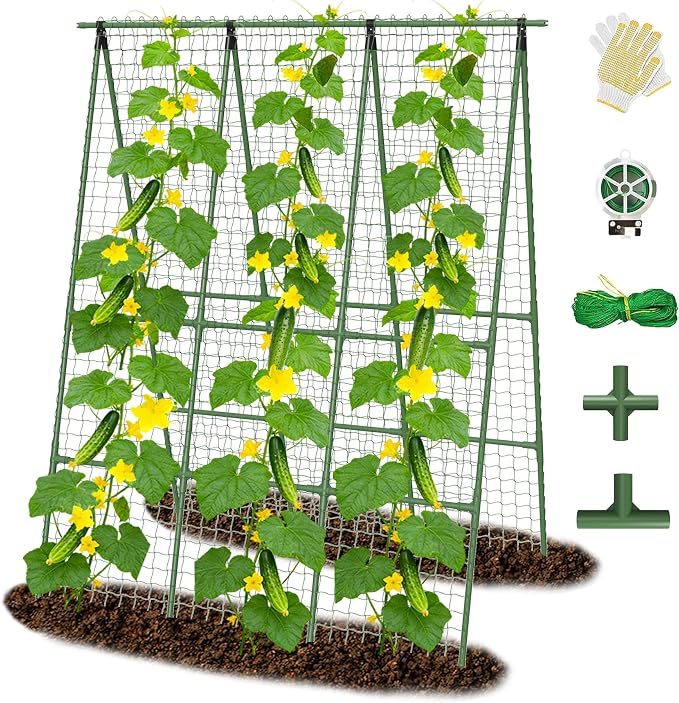 Cucumber Trellis for Raised Bed 48" L x 64" H, 16mm Adjustable A-Frame Garden Trellis with Net for Climbing Plants, Vertical Garden Vegetable Trellis for Zucchini Pea Bean Squash Grape Tomato Flowers