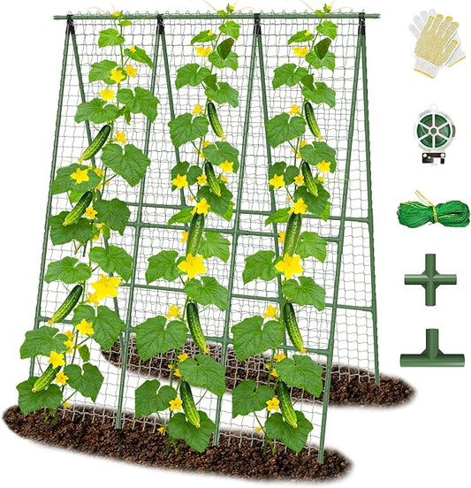 Cucumber Trellis for Raised Bed 48" L x 64" H, 16mm Adjustable A-Frame Garden Trellis with Net for Climbing Plants, Vertical Garden Vegetable Trellis for Zucchini Pea Bean Squash Grape Tomato Flowers