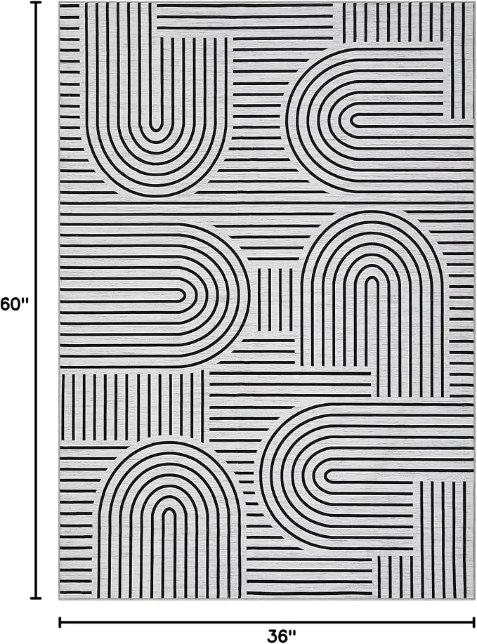 ROYHOME Modern Washable Rug Rainbow 3x5 Area Rugs for Living Room Non Slip | Abstract Rug for Bedroom, Throw Rugs with Rubber Back, Low Pile Stain Resistant Geometric Carpet for Playroom Dorm BlackWhite