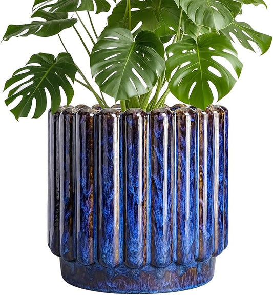 Ceramicfor Ceramic Planter, 9.6 Inch, Blue | Round Flower Pot, Drainage Hole, Large Fluted Modern Design, Indoor Outdoor Use
