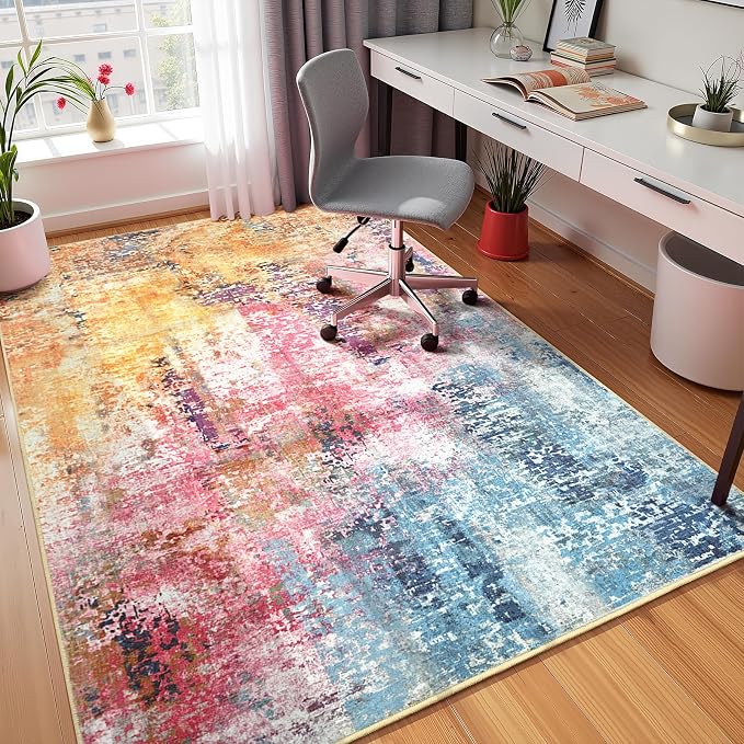 4x6 Colorful Washable Area Rug for Living Room Bedroom, Modern Abstract Non-Slip Rugs, Low Pile Soft Stain Resistant Carpet for Dining Room, Kitchen, Office, Dorm, Bedside Decor