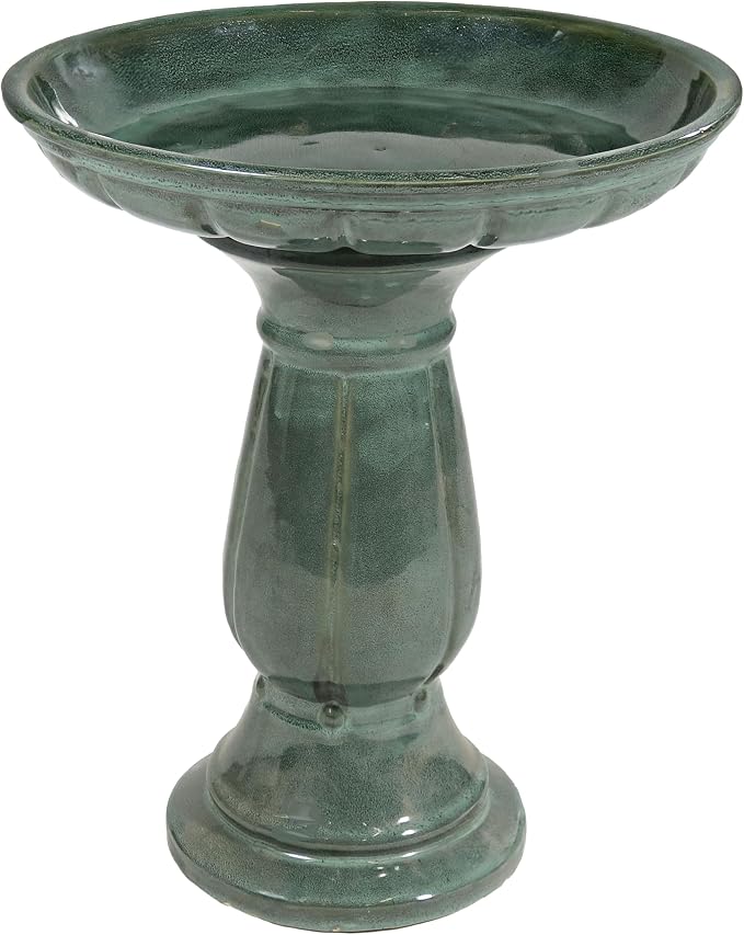 Sunnydaze Avignon Outdoor Ceramic Bird Bath - 18.75" H - UV- and Frost-Resistant - Pedestal Design - Green Mist