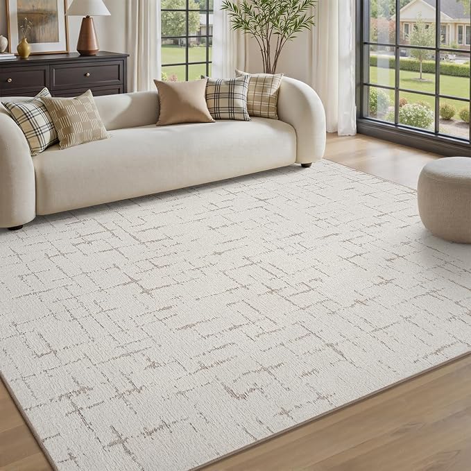 Engiw-Beige Neutral 5x7 Area Rug for Living Room Rug-Carpet Bedroom Rugs Textured Tufted Jacquard Modern Washable Rug for Dining Room Nursery Non Slip