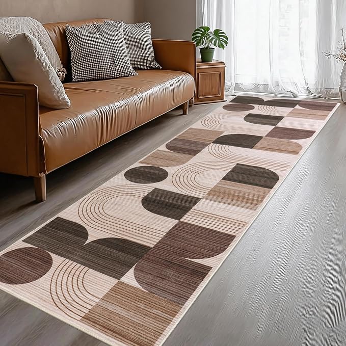 Soft Modern Geometric Abstract Machine Washable 2x6 Runner Rug | Brown Rugs for Bedroom Living Room, Non-Shedding Faux Wool Indoor Throw Floor Carpet for Office Entryway Dining Room Decor