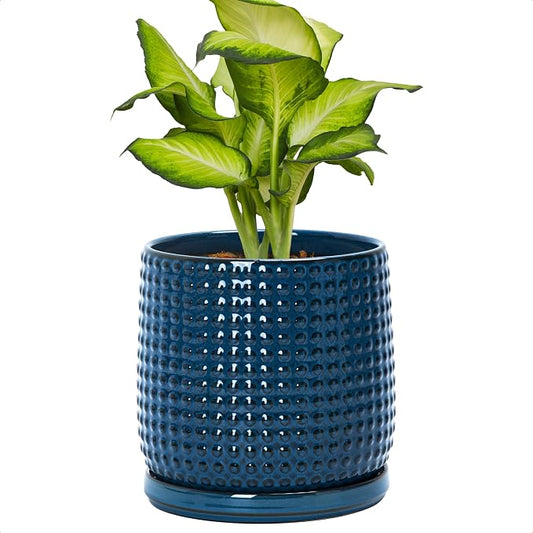 D'vine Dev 6 Inch Ceramic Beaded Stoneware Planter Pot - Flower Pot with Drainage Holes and Saucers for Indoor Succulent Plants or Flowers, Midnight Blue, 27-C-X-3
