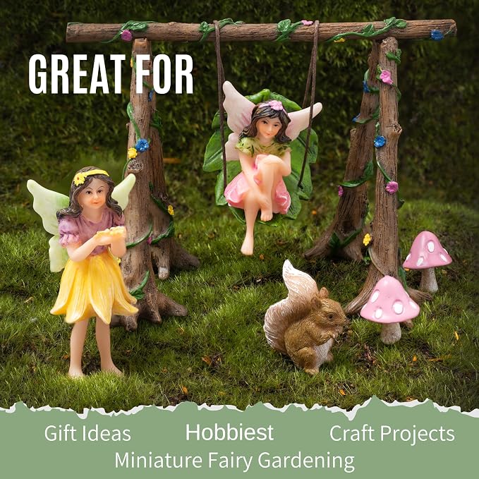 PRETMANNS Fairies for Fairy Garden Outdoor Accessories - Figurines Set with Swing, Squirrel & Mushrooms - Miniature Fairy Garden Kit - Fairy Village Supplies - 6 Piece Resin Fairies | Fairies with Swing Set, Squirrel & Mushrooms, Fairy Figurines, Garde...