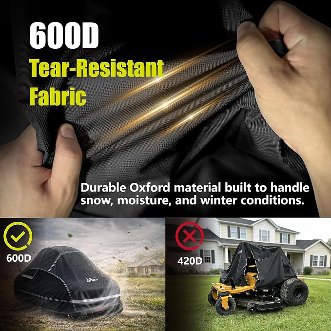 YSPACE Zero Turn Lawn Mower Cover, Heavy Duty 600D Waterproof Cover with Reflective Strips, Fits Up to 60" Deck, Windproof Buckles & Storage Bag for Greenworks, EGO, Craftsman, Husqvarna, Honda