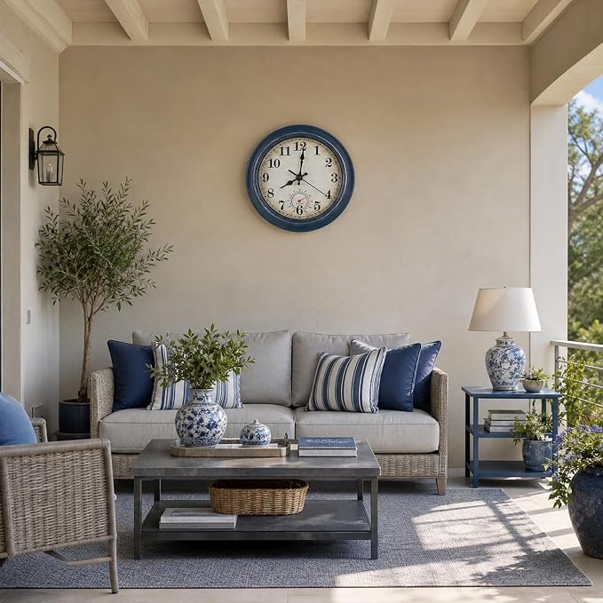 Outdoor Clock Waterproof with Thermometer Wall Clock for Patio Pool Bathroom Kitchen 8 Inch Blue