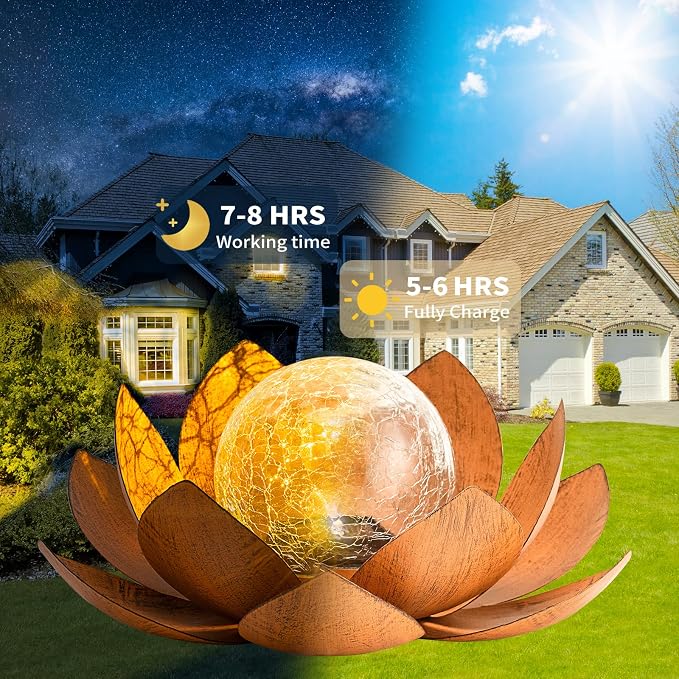 AIINY Solar Light Outdoor(2Pack), Art Crackle Globe Glass Lotus Decoration, Solar LED Waterproof Metal Flower Lights for Patio,Lawn,Walkway,Tabletop