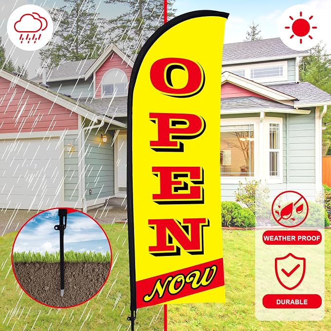 Buryeah 2 Sets Now Open Flag Banner for Business Advertising 7 ft Feather Flag Sign with Flagpole Ground Stake Portable Bag (Yellow)