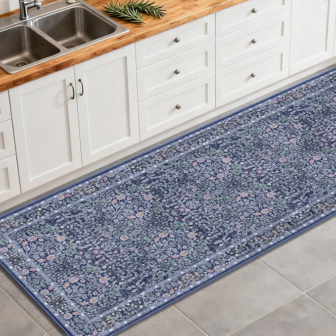 Washable 2'6" x 10' Runners for Hallways, Non Slip Long Floor Runner for Kitchen, Entryway Indoor, Stain Resistant Rubber Backing Floral Decor Rug (Blue)