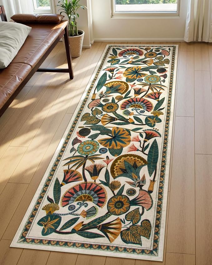Zealude Egypt Floral Washable Bathroom Runner Rug for Kitchen Floor,2x8 Boho Rug Runners for Hallways Entryway,Vintage Non Slip Soft Throw Carpet for Laundry Room Entrance (Beige,2'6''x8')