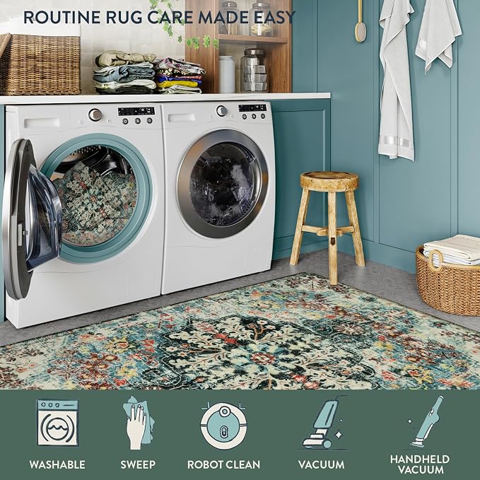 Lahome Reine Area Rugs 6x9, Washable Area Rugs for Living Room Non Slip Bedroom Dining Room Rug, Large Bohemian Soft Stain Resistant Indoor Floor Carpet for Apartment Nursery Kids Room, Teal