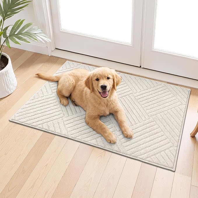 2x3 Bedroom Runner, Soft Beige Geometric Fluffy Hallway Mat | Washable Modern Hall Floor Rug, Non Slip Shaggy Boho Indoor Accent Kitchen Throw Carpet for Laundry, Entyway and Bathroom