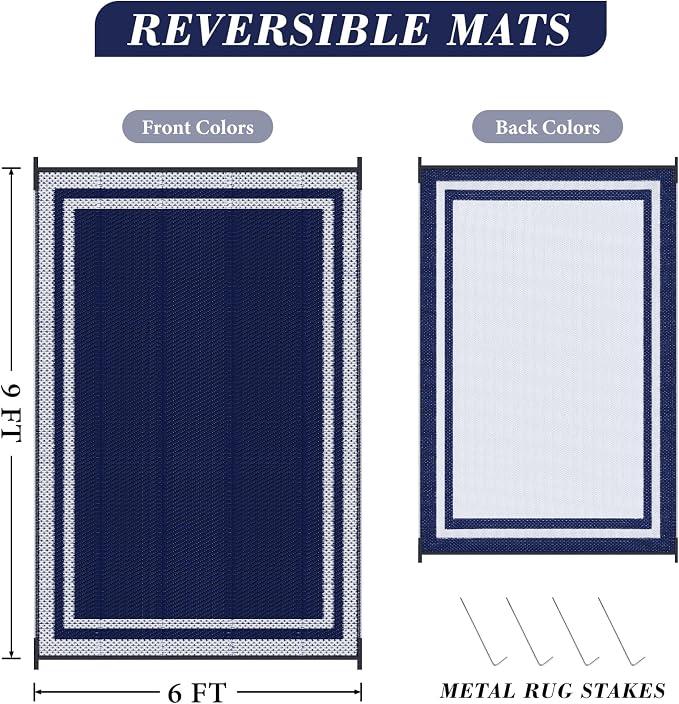 KMAT Outdoor Rug, Waterproof Reversible Patio Rugs, 6x9ft Large Outdoor Area Rug Foldable Plastic Camping Rugs for Outside RV, Patio,Picnic,Camper,Balcony,Porch (Blue &White)