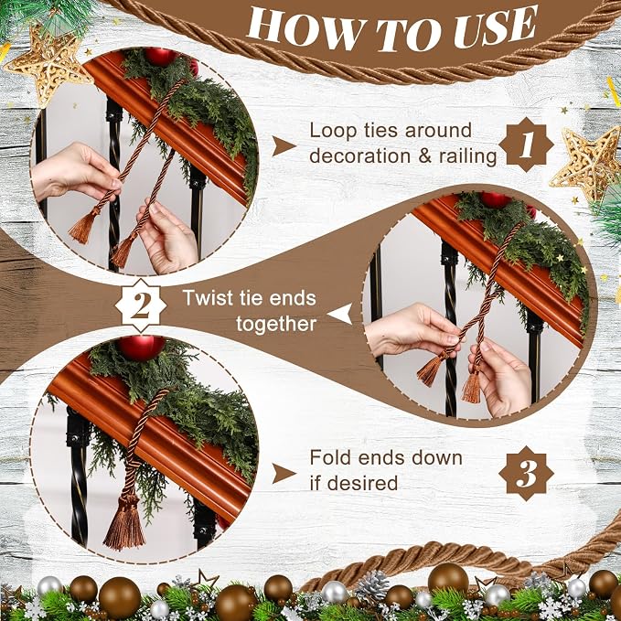 Dingion 20 Pcs Christmas Garland Decorative Banister Ties with Tassel 25.2 Inches Christmas Reusable Twist Ties for Garland Fireplace Staircase Banister Home Xmas Holiday Decorations(Brown)