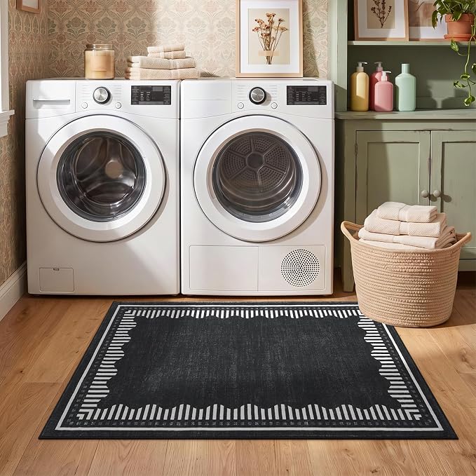 Garvee Small Area Rugs 2x3 Black Washable Entryway Scalloped Throw Carpet | Non Slip Solid Color Low Pile Living Room Bedroom Rugs Pet Friendly Modern Geometric Kitchen Front Door Nursery Doot Mat