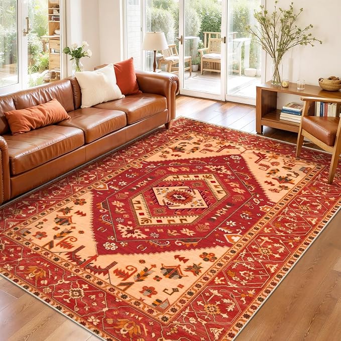 SERISSA 3x5 Washable Non Slip Boho Area Rug for Bedroom，Red | Ultra Soft Vintage Oriental Carpet Low-Pile Distressed Tribal Throw Rug Carpet for Living Room Nursery Kitchen Dorm Decor
