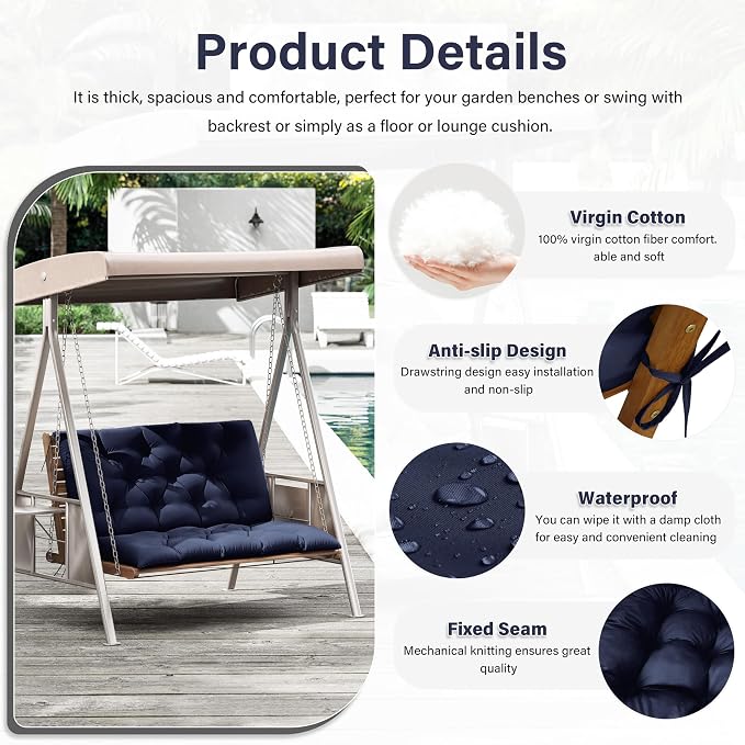 Porch Swing Cushion with Backrest,Waterproof Bench Cushion for Outdoor Furniture,2-3 Seater Replacement Thickened 5 in swing cushion,with Ties,Patio,Outdoor,Backyard and Garden (Navy Blue,40x40 in)