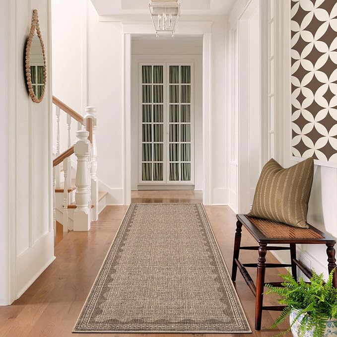 GarveeHome 2.5x8 Runner Rug for Hallway Washable Kitchen Rugs Non Slip Solid Coffee Modern Minimalism Soft Low-Pile Scalloped Indoor Carpet for Entryway Laundry Room Floor Mats