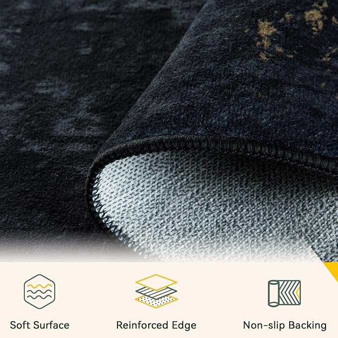 RELEANY Washable 9'x12' Abstract Area Rug for Living Room Black Gold | Carpet for Bedroom, Kitchen, Office, Hallway and Entryway, Printed Pattern, Non‑Slip, Soft, Stain‑Resistant, Easy to Clean