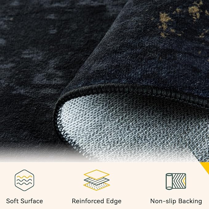 RELEANY Washable 8'x10' Abstract Area Rug for Living Room Black Gold | Carpet for Bedroom, Kitchen, Office, Hallway and Entryway, Printed Pattern, Non‑Slip, Soft, Stain‑Resistant, Easy to Clean